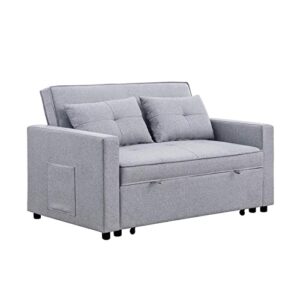 BOWERY HILL Light Gray Linen Fabric 3-in-1 Convertible Sleeper Loveseat with Side Pocket