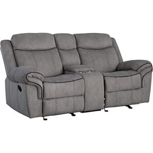 bowery hill reclining 2-seat loveseat with usb dock & console in 2-tone, pull tab sofa couch with back and seat cushion for living room, gray velvet, 39″ d x 80″ w x 41″ h