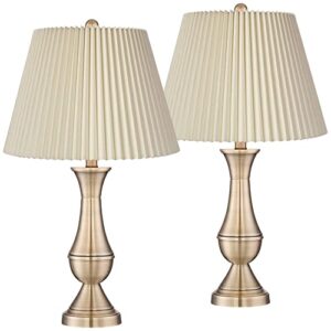 Regency Hill Becky Traditional Candlestick Table Lamps Set of 2 24 3/4" High Antique Brass Gold Metal Ivory Linen Pleat Shade for Bedroom Living Room Bedside Nightstand House Home Office