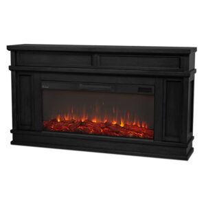 bowery hill 60.13″ solid wood and glass electric fireplace in black
