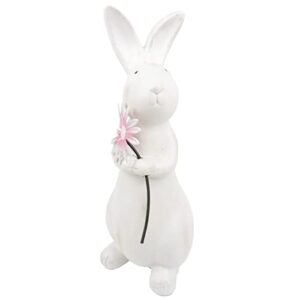 lotus hills spring easter decorations, 13.2″ distressed resin easter bunny with pink flower, easter gifts for kids girls, farmhouse decorative rabbit for tabletop mantel, spring garden yard décor