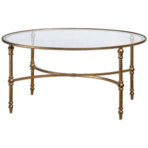 bowery hill transitional glass oval coffee table in gold leafed