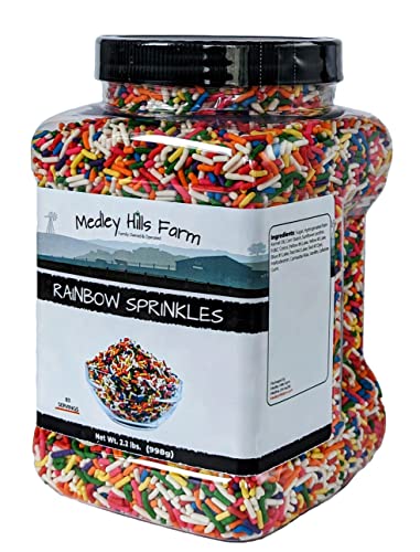 Medley Hills Farm Rainbow Sprinkles in Reusable Container 2.2 Lbs. - Great Bulk Rainbow Sprinkles for Cake Decorating - Sprinkles for Cookie Decorating - Brownies and ice Cream toppings