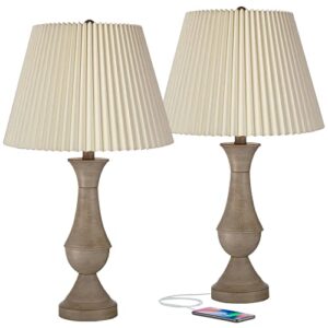 regency hill avery traditional touch table lamps set of 2 with usb charging port 25″ high faux wood led ivory linen knife pleat shade for bedroom living room bedside nightstand desk office