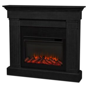 bowery hill 47.5″ slim solid wood and glass electric fireplace in black