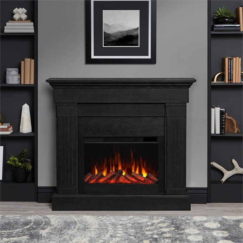 BOWERY HILL 47.5" Slim Solid Wood and Glass Electric Fireplace in Black