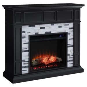 bowery hill modern wood-marble electric fireplace in black finish