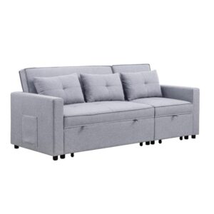 BOWERY HILL Light Gray Linen Fabric 3-in-1 Convertible Sleeper Sofa with Side Pocket