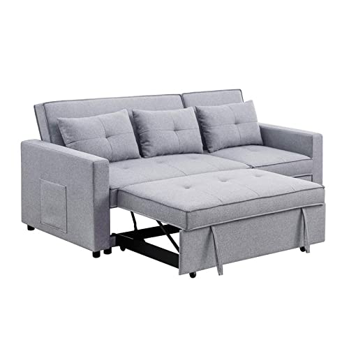 BOWERY HILL Light Gray Linen Fabric 3-in-1 Convertible Sleeper Sofa with Side Pocket