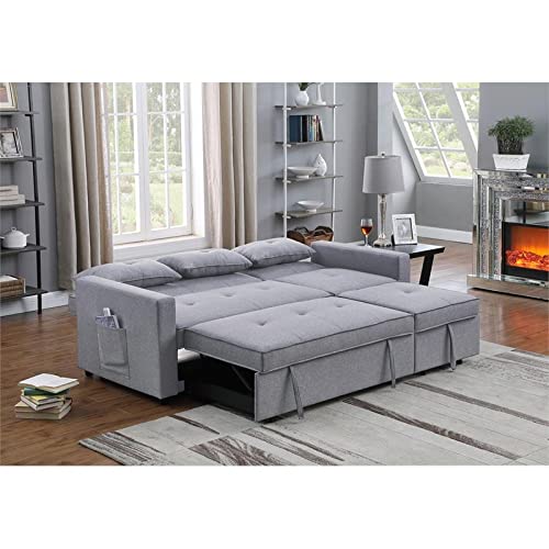 BOWERY HILL Light Gray Linen Fabric 3-in-1 Convertible Sleeper Sofa with Side Pocket