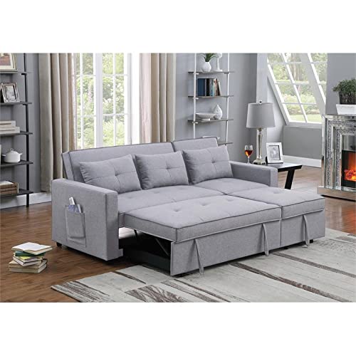 BOWERY HILL Light Gray Linen Fabric 3-in-1 Convertible Sleeper Sofa with Side Pocket