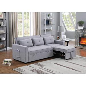 BOWERY HILL Light Gray Linen Fabric 3-in-1 Convertible Sleeper Sofa with Side Pocket