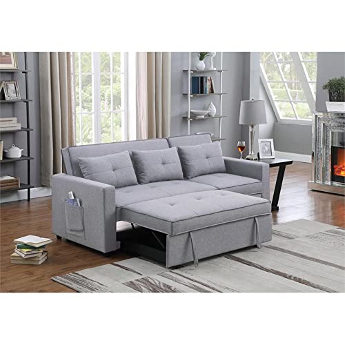 BOWERY HILL Light Gray Linen Fabric 3-in-1 Convertible Sleeper Sofa with Side Pocket