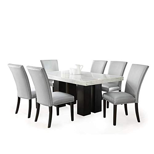 BOWERY HILL Marble Top Rectanglular 7 Piece Dining Set in Silver