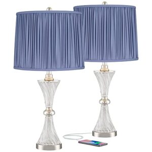 regency hill luca modern table lamps set of 2 with usb charging port 25 1/2″ high twisted glass blue shirred fabric drum shade for bedroom living room bedside nightstand house desk office