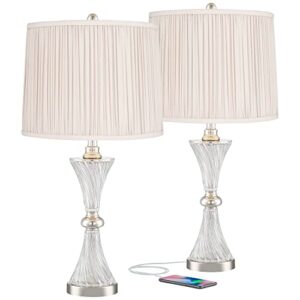 regency hill luca modern table lamps set of 2 with usb charging port 25 1/2″ high twisted glass oyster shirred fabric drum shade for bedroom living room bedside nightstand house desk office
