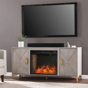 BOWERY HILL Modern Smart Fireplace with Media Storage in Gray Washed/Gold