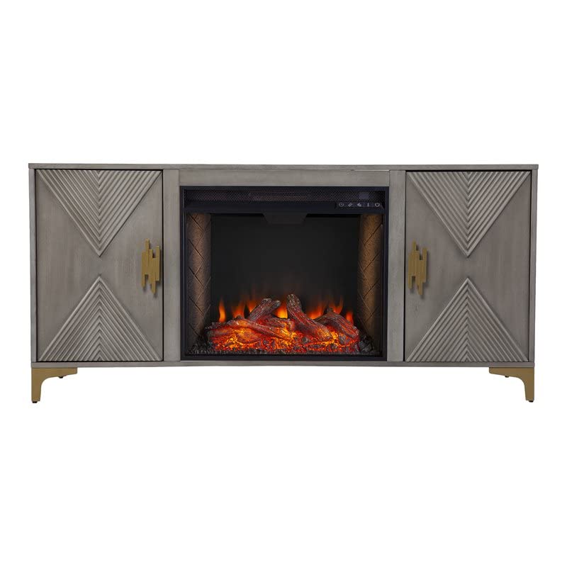 BOWERY HILL Modern Smart Fireplace with Media Storage in Gray Washed/Gold