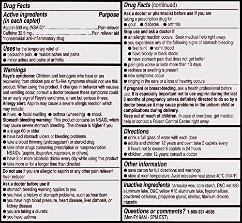 Bayer Back & Body Extra Strength Aspirin, 500mg Coated Tablets, Fast Relief at the Site of Pain, Pain Reliever with 32.5mg Caffeine, 100 Count