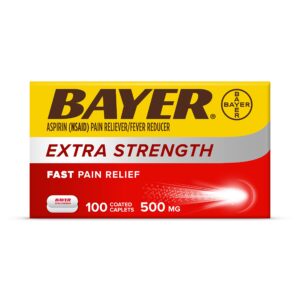 Bayer Extra Strength Aspirin 500 mg Coated Tablets, Pain Reliever and Fever Reducer, 100 Count (Packaging May Vary)