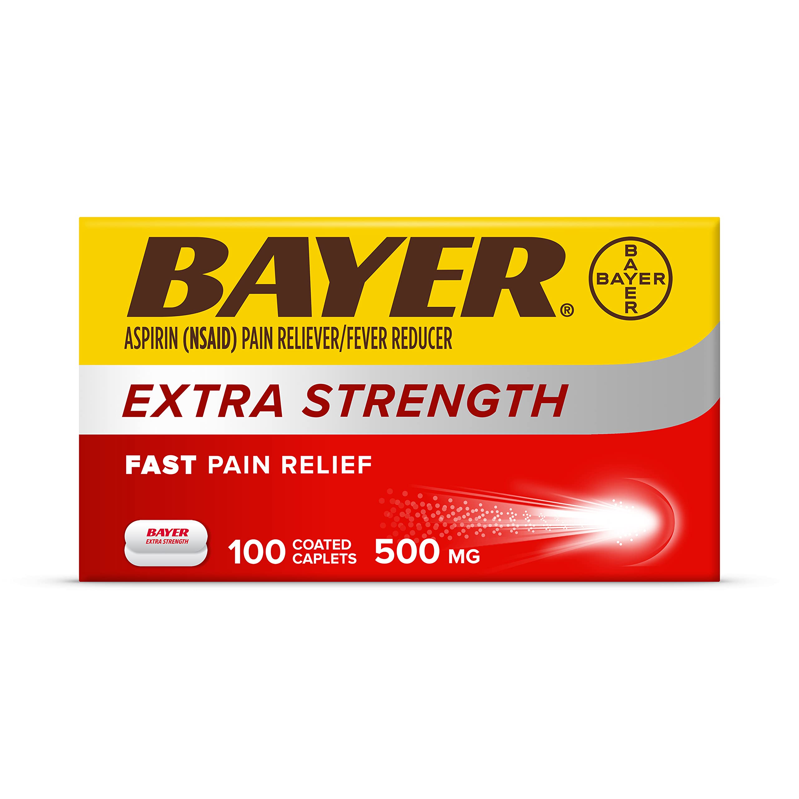 Bayer Extra Strength Aspirin 500 mg Coated Tablets, Pain Reliever and Fever Reducer, 100 Count (Packaging May Vary)