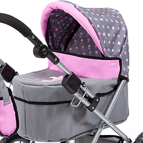 Bayer Design Dolls: Trendy Pram - Grey, Pink, Dots - Includes Shoulder Bag, Fits Dolls Up to 18", Adjustable Handle, Kids Pretend Play, Shopping Basket, Easy to Fold, Ages 3+