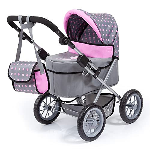 Bayer Design Dolls: Trendy Pram - Grey, Pink, Dots - Includes Shoulder Bag, Fits Dolls Up to 18", Adjustable Handle, Kids Pretend Play, Shopping Basket, Easy to Fold, Ages 3+