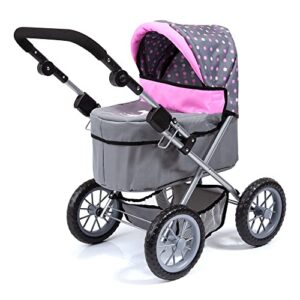 Bayer Design Dolls: Trendy Pram - Grey, Pink, Dots - Includes Shoulder Bag, Fits Dolls Up to 18", Adjustable Handle, Kids Pretend Play, Shopping Basket, Easy to Fold, Ages 3+