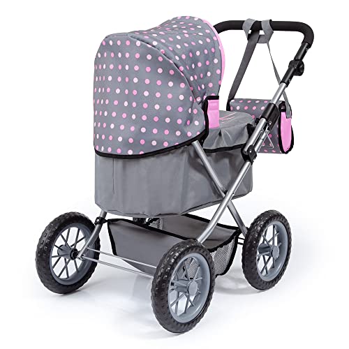 Bayer Design Dolls: Trendy Pram - Grey, Pink, Dots - Includes Shoulder Bag, Fits Dolls Up to 18", Adjustable Handle, Kids Pretend Play, Shopping Basket, Easy to Fold, Ages 3+