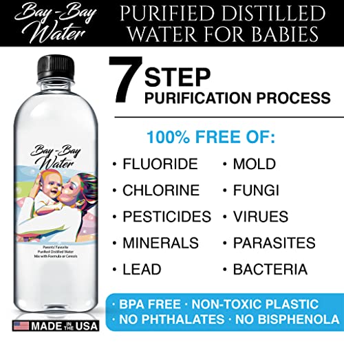 Bay Bay Water - Purified Distilled Water for Babies - 16.9 oz. - Use for Everyday Drinking, Infant Formula, Milk, and Baby Cereal - BPA Free - No Fluoride, Phosphate - Prevent Mineral Overload (16.9 Fl Oz (Pack of 12))