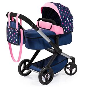 bayer design dolls: pram xeo – blue, pink, stars – includes shoulder bag, fits dolls up to 18″, convertible to a pushchair, adjustable handle & swivel front wheels, integrated basket, ages 3+