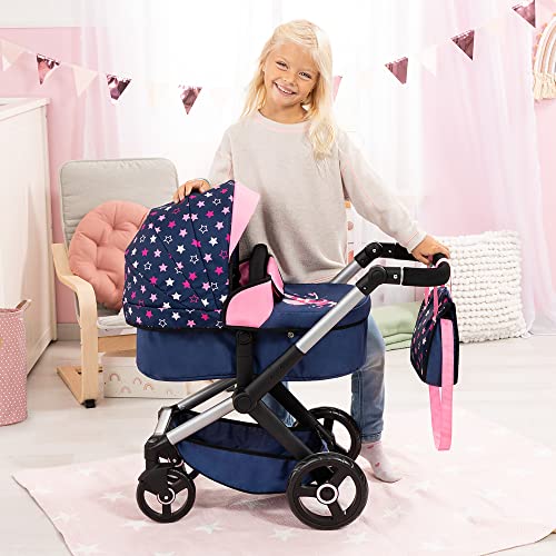 Bayer Design Dolls: Pram Xeo - Blue, Pink, Stars - Includes Shoulder Bag, Fits Dolls Up to 18", Convertible to A Pushchair, Adjustable Handle & Swivel Front Wheels, Integrated Basket, Ages 3+