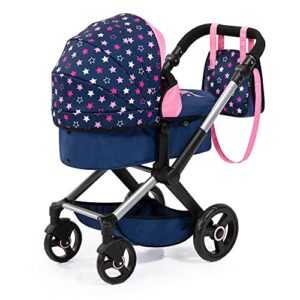 Bayer Design Dolls: Pram Xeo - Blue, Pink, Stars - Includes Shoulder Bag, Fits Dolls Up to 18", Convertible to A Pushchair, Adjustable Handle & Swivel Front Wheels, Integrated Basket, Ages 3+