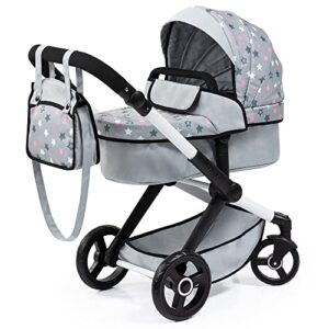 bayer design dolls: pram xeo – grey, pink, stars – includes shoulder bag, fits dolls up to 18′, convertible to a pushchair, adjustable handle & swivel front wheels, accessory for -plush toys, ages 3+
