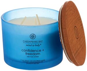chesapeake bay candle scented candle, confidence + freedom (oak moss amber), 3-wick coffee table jar, blue