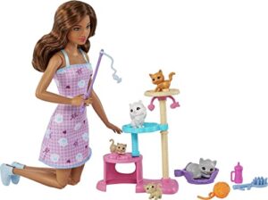 barbie kitty condo doll and pets playset with barbie doll (brunette), 1 cat, 4 kittens, tree & accessories, toy for 3 year olds & up