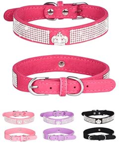 bling dog collar for small medium large dogs, crown rhinestone dog collars for girl and boy dog, diamond puppy collars, adjustable leather suede sofe cat collar (xs(8.2″-10.6″/21cm-27cm), rose red)