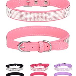 Dog Collar for Small Dogs, Adjustable Leather Suede Bling Dog Collars，Pink Dog Collar Cat Collar, Rhinestone Dog Collar(S, Pink)