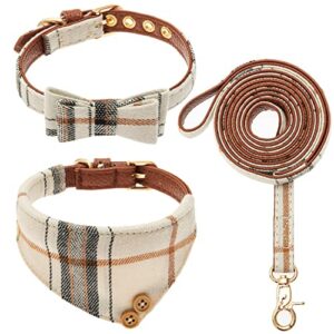 TUKOAW Leather Small Dog Collar and Leash Set - Plaid Bow Tie & Bandana Cute Dog Collar - Adjustable Pet Collars with Walking Leash for Small Dog Puppy Cat