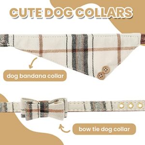 TUKOAW Leather Small Dog Collar and Leash Set - Plaid Bow Tie & Bandana Cute Dog Collar - Adjustable Pet Collars with Walking Leash for Small Dog Puppy Cat
