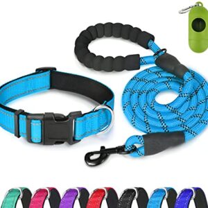 Dynmeow Reflective Dog Collar and Leash Set, Adjustable Pet Collar with Soft Neoprene Padded for Small Medium Large Dogs, Climbing Rope, Blue, S