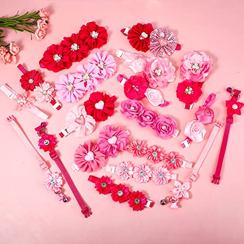 40 Pcs Girl Puppy Collars Pink Dog Collar Adjustable Collar Small Middle Dogs Cats Rose Red Pink Dog Accessories Embellishment Decor for Wedding Birthday Parties Grooming Pet Collar Accessories