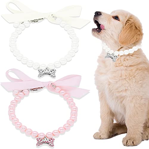 2 Pcs Pearl Dog Collars Pet Pearl Necklace Fancy Cat Wedding Collar Jewelry with Rhinestone Bone Personalized Dog Collars Pet Wedding Collar Dog Wedding Dress for Puppy Dogs Pets Cats