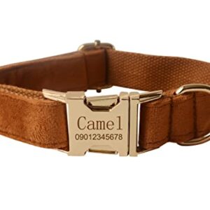 Velvet Dog Collar Personalized with Name Phone Number Engraved, Custom Pet Collars with Metal Buckle(Camel, S)