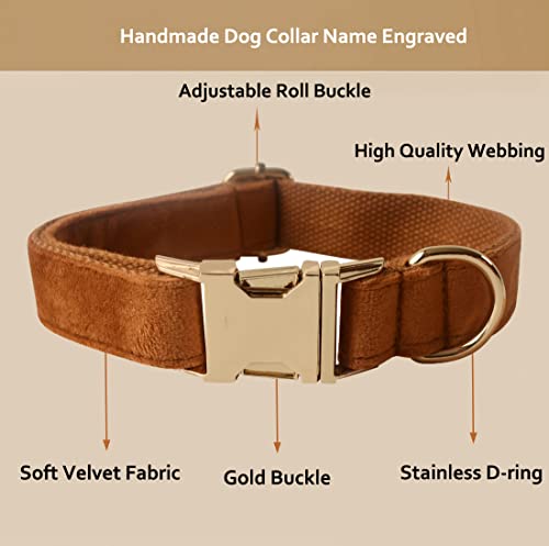 Velvet Dog Collar Personalized with Name Phone Number Engraved, Custom Pet Collars with Metal Buckle(Camel, S)