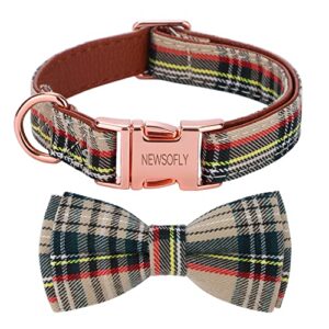 newsofly boy girl dog collar with bowtie, adjustable soft collars with metal buckle,cotton designer for small medium large dogs (small, khaki)