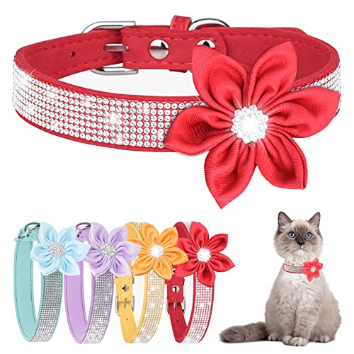 HOWWFALY Dog Collars Cat Collars Rhinestone Shiny Collars Adjustable Size with Cute Sunflowers for Kittens and Puppies (S, Red)