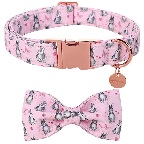 DOGWONG Easter Day Dog Collar with Bowtie, Sketch Bunny Dog Collar Soft Durable Adjustable Costume Pink Easter Puppy Collar for Small Medium Large Dog Gift