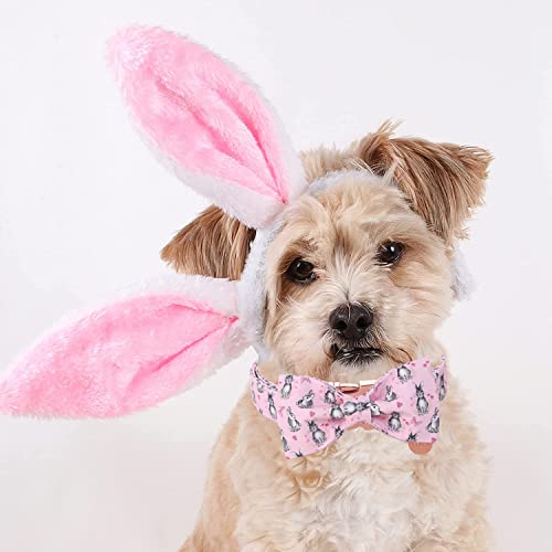 DOGWONG Easter Day Dog Collar with Bowtie, Sketch Bunny Dog Collar Soft Durable Adjustable Costume Pink Easter Puppy Collar for Small Medium Large Dog Gift