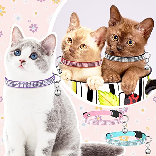 6 Pcs Rhinestones Cat Collar Breakaway Bling Diamond Cat Collar for Girl Boy Cats Collar with Bell Soft Velvet Adjustable Safety Shine Collar for Cat Puppy (Lovely Color, 7.9-9.8 inch)